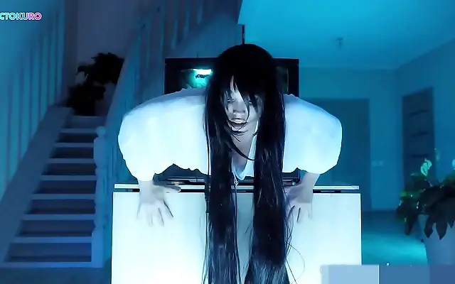 Sadako's big booty stuck in TV as he ravishes her juicy pussy