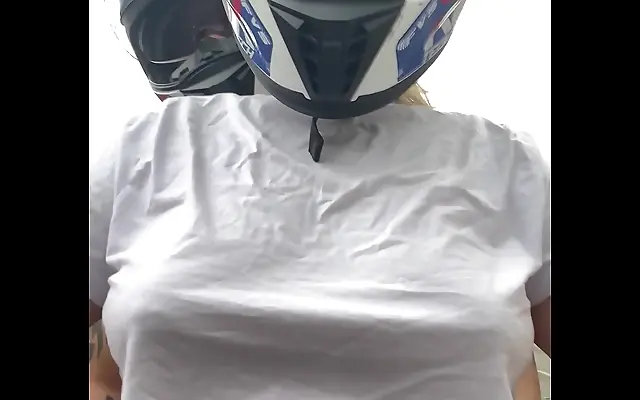 Busty biker babe asks passenger to play with her nipples while riding