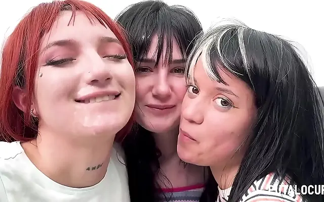Young Latin beauties enjoy a wild cum-swapping gangbang