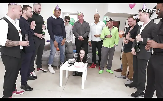 Bedroom birthday bash with Anna riding big dicks and gulping down piss