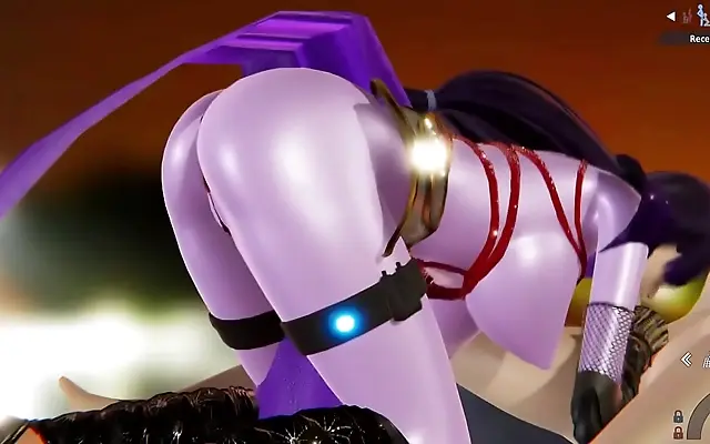Glowing tattoo pulses as she rides hard in tight purple catsuit creampie