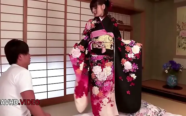 Japanese beauty in silken kimono savors steamy big cock creampie fantasies